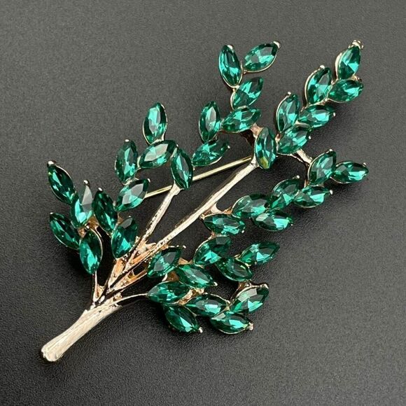 Rose Gold with Emerald Green Crystal Tree Branch with Leaves Pin Back Brooch - Picture 2 of 9